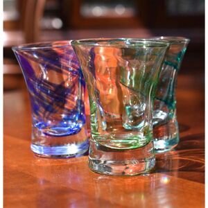 Set of 4 Vintage Swirl Art Glass Shot Glasses - Colorful Hand Blown Barware